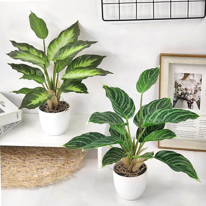 2 Pack Artificial Potted Plants, 16" Fake Plants Indoor in White Pots for Home Bathroom, Office Desk, Shelf - Realistic Faux Greenery Desk for Living Room, Kitchen, Farmhouse Decor