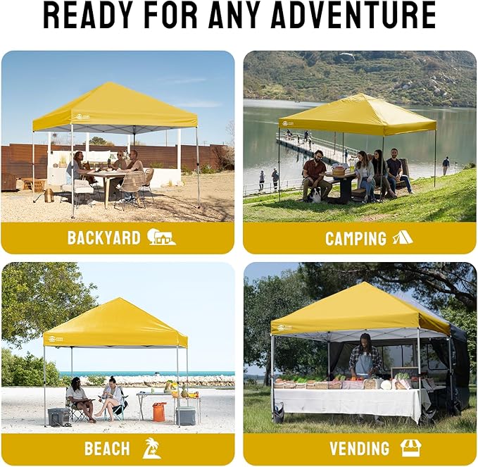 CROWN SHADES 8x8 Pop Up Canopy - Beach Tent with One Push Setup - Easy Outdoor Sun Shade for Events, Parties, Camping - Gazebo with STO-N-Go Cover Bag, Silver Coated Top, Yellow