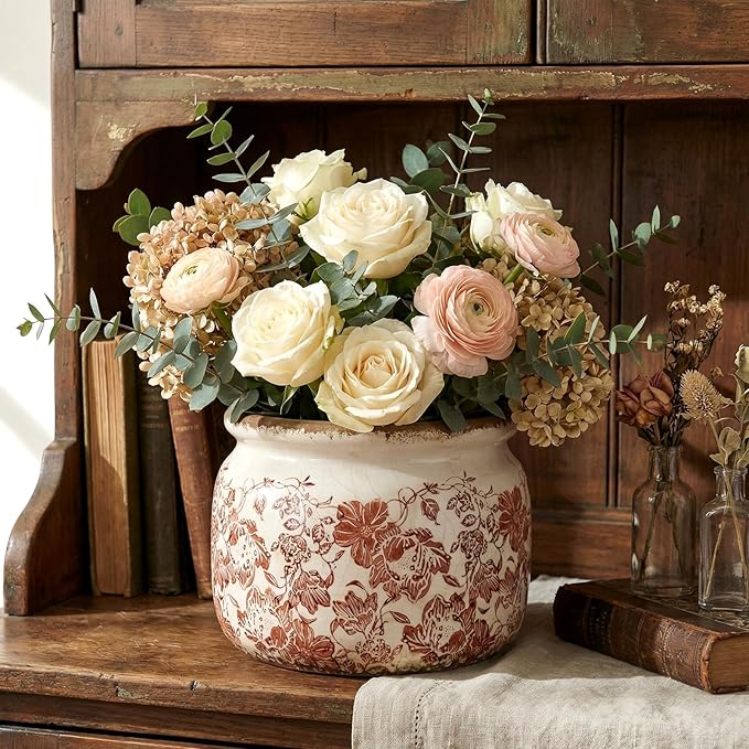 7.7" Large Ceramic Plant Pot Beige Brown Vintage Peony Crackle Glaze Rustic Flowers Pot Decorative Planter with Drainage for Indoor Outdoor Plants Home Kitchen Office Decor Gift
