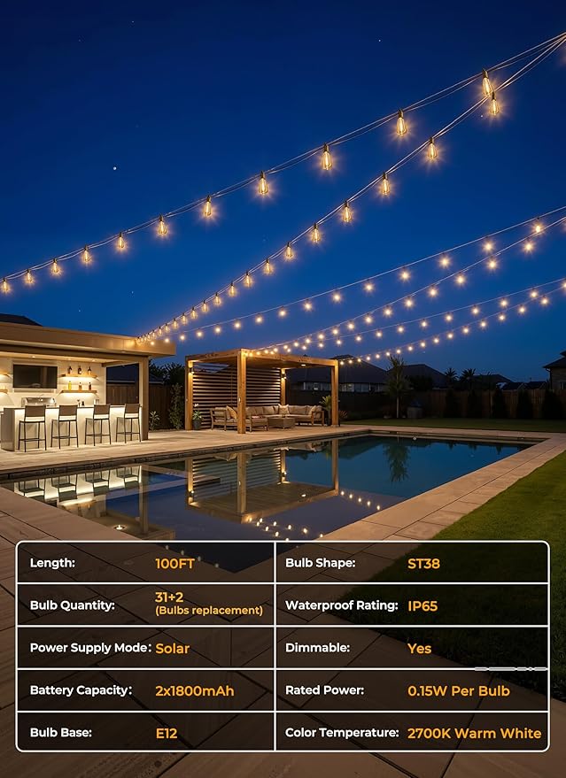 Brightown 100FT Solar String Lights Outdoor Waterproof, Patio Lights with Remote and 31+2 LED Shatterproof Bulbs, Dimmable & Timable, 3 Light Modes, Solar Lights Outdoor for Yard Camping Party Outside