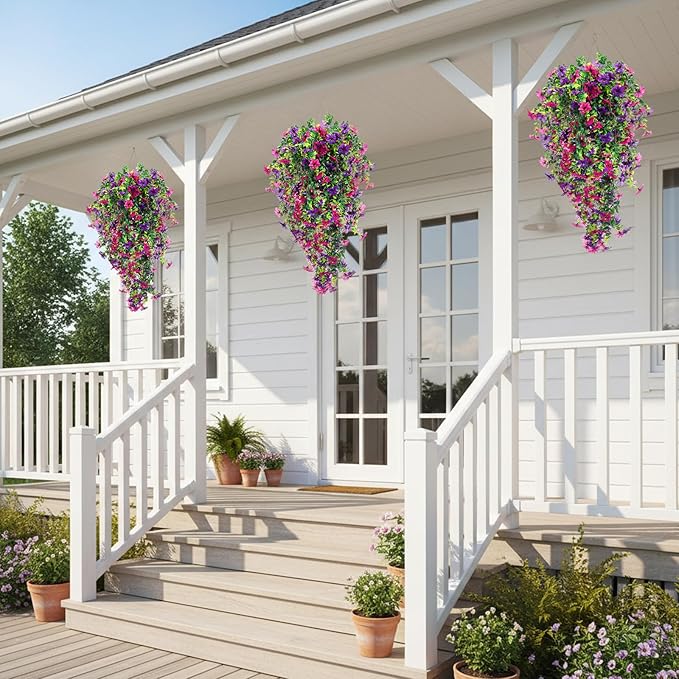 CEWOR 4pcs Artificial Hanging Plants for Outdoor, Fake Flowers Faux Silk Daisy with Eucalyptus, UV Resistant Realistic Faux Flower Greenery for Outside Indoor Home Porch Patio Decor, Purple