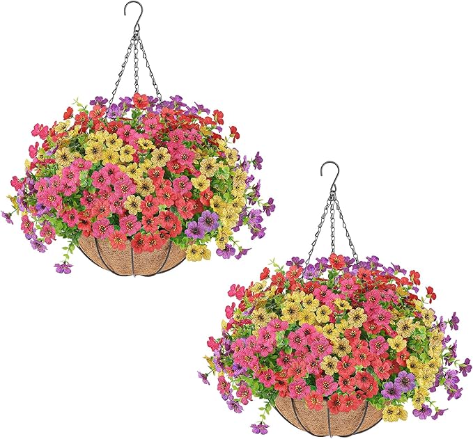 Artificial Flowers Hanging Plants in Basket,Artificial Hanging Flowers for Outdoor Indoor Decor,UV Resistant hanging Baskets with Fake Flowers for Spring Summer Patio Garden Porch Deck Home Decor