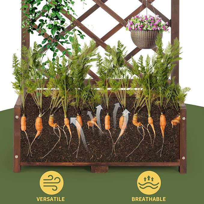 Wood Planter Raised Garden Bed,with Trellis,29.5 x 16.9 x 67'' Outdoor Raised Garden Bed with Drainage Holes, Free-Standing Trellis Planter Box for Vine Climbing Flowers in Garden