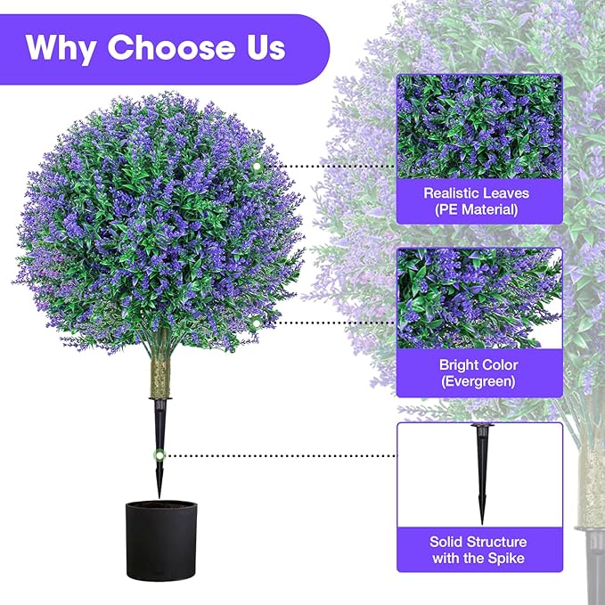 25.6" Artificial Lavender Topiary Ball Plants, 2 Pack Faux Bushes with Spike – UV Resistant & Fade Resistant Artificial Shrubs, Spring Artificial Plants for Indoor Outdoor Front Porch Garden