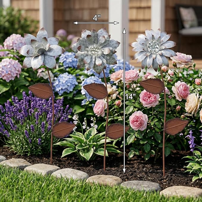 Topadorn 3-Pack Glow-in-the-Dark Metal Flower Garden Stakes, 14" Weatherproof Outdoor Plant Picks, Rustic Yard Art for Lawn & Patio