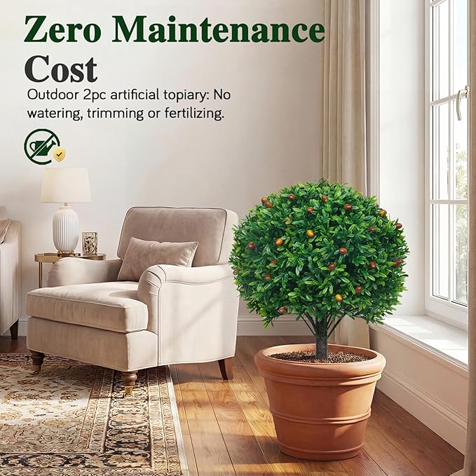 PATIO CHOICE Topiary Trees Artificial Outdoor Boxwood Ball Trees with Ground Spike Set of 2 22" Fake Outdoor Plants Faux Bushes and Shrubs Decorations for Outdoor Indoor Front Porch Garden
