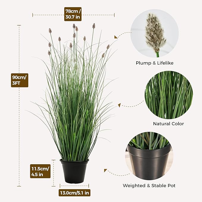 3FT / 4FT Extra Lush Artificial Plant (2pcs), Luxury Fake Tall Plants with Pot, Luxury Faux Tall Greenery with Dogtail for Garden Porch and Home Decor (Gray, 3FT)
