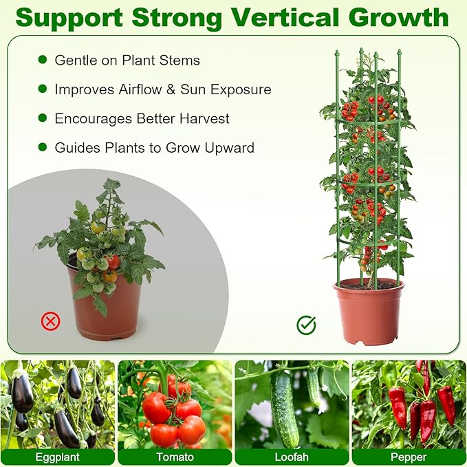 Fabulas Tomato Cage, 59 Inch Adjustable Tomato Plant Support Cages for Garden and Pots, Steel Core Plastic Coated Trellis for Raised Bed Climbing Plants Cucumber Beans Vegetable Flower Fruit, 3 Pack