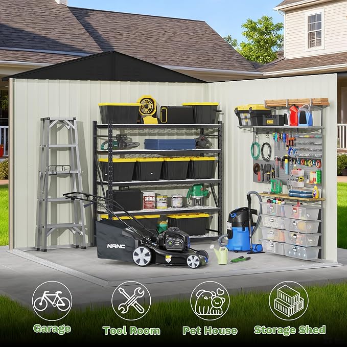 Patiowell Outdoor Storage Shed 8x8 FT, Heavy Duty Tool Metal Sheds with Lockable Doors and Updated Frame Structure for Backyard Patio Lawn, Brown