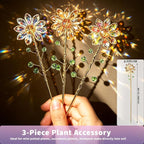 3 Pack Crystal Sunflower Suncatchers with 13" Gold Trellis Stakes – Handmade Rainbow Prism Plant Decor for Indoor Pots, Houseplants & Garden Gift (Amber, Red, AB)