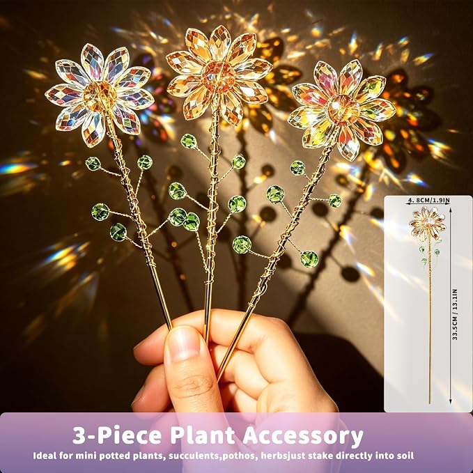 3 Pack Crystal Sunflower Suncatchers with 13" Gold Trellis Stakes – Handmade Rainbow Prism Plant Decor for Indoor Pots, Houseplants & Garden Gift (Amber, Red, AB)