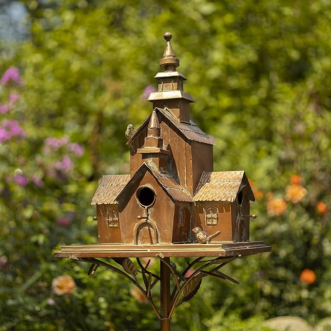 Zaer Ltd. Large Copper Colored Multi-Birdhouse Stakes, Room for 5 Bird Families in Each (XL Country Town Home Montana)