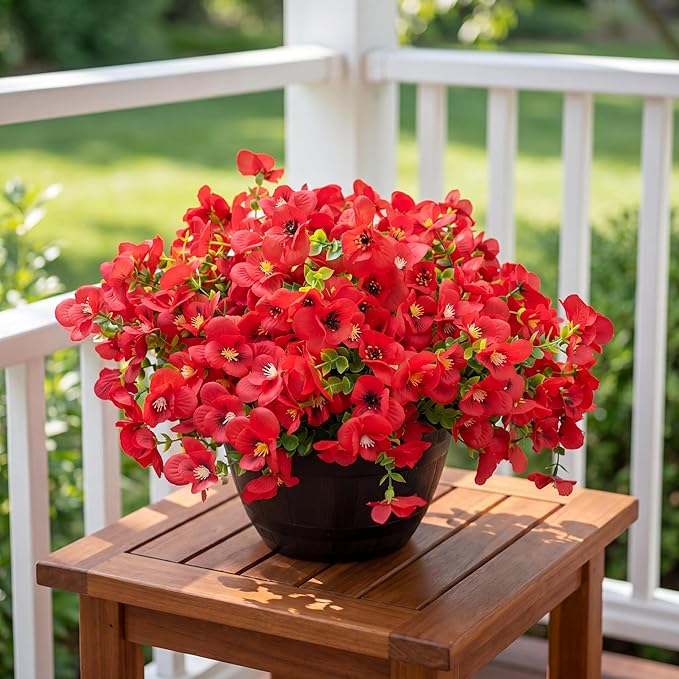 Artificial Flowers for Outdoor, UV Resistant Fake Silk Pansies Flowers, Realistic Faux Plants for Outside Indoor Porch Patio Window Box Planter Home Decor (16, Red)