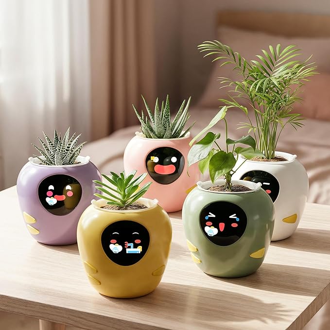 Masdio Plantbot Upgraded Large Smart Flower Pot Pet Planter Robot with Artificial Intelligence, Time Temperature Display, and Numerous Expressive Animations Based, for Indoor Decoration, Gifts (Pink)