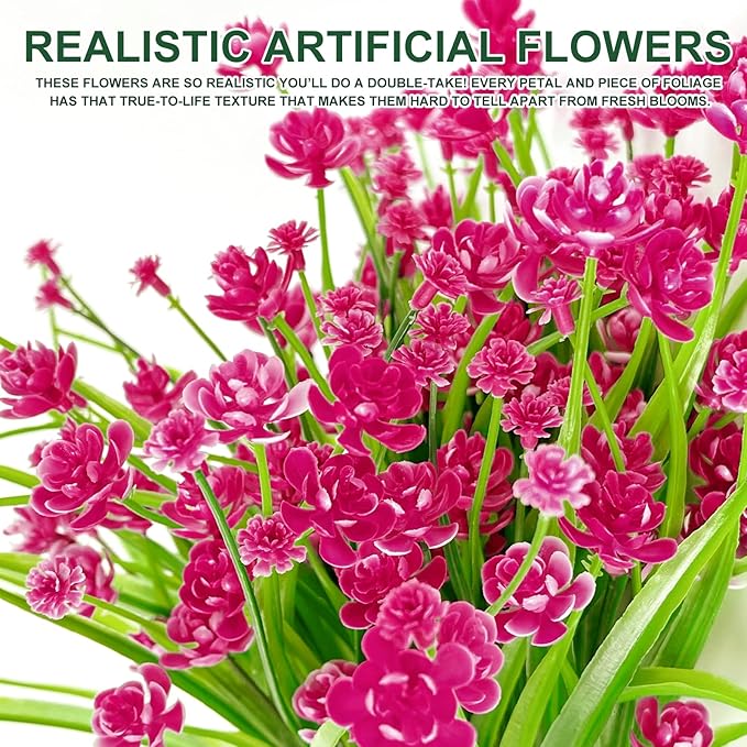 TURNMEON 20 Bundles Artificial Flowers for Outdoors Fake Plants Spring Decor, UV Resistant Artificial Plants Cemetery Flowers Faux Plastic Greenery Shrub for Home Porch Summer Decor 580 Heads(Magenta)