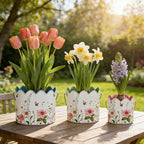 3-Piece Vintage Floral Metal Bucket Set, Scalloped Edge Multi-Size Planters for Flowers & Easter Egg Containers, Rustic Garden & Home Decor with Reinforced Metal Handles, Indoor & Covered Outdoor Use