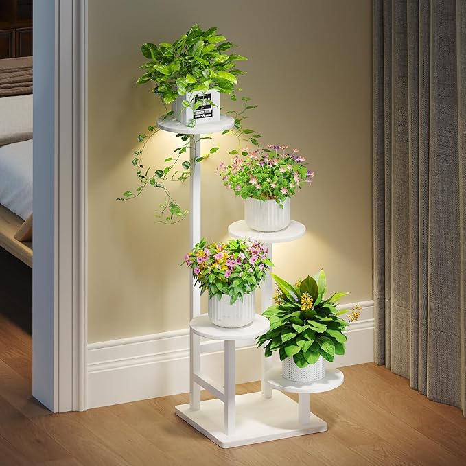 Homsorout Plant Stand Indoor with Grow Light, 4-Tiered Tall Plant Stand Indoor, Metal Plant Shelf with Adjustable Light, Ideal for Living Room, Garden, Patio white