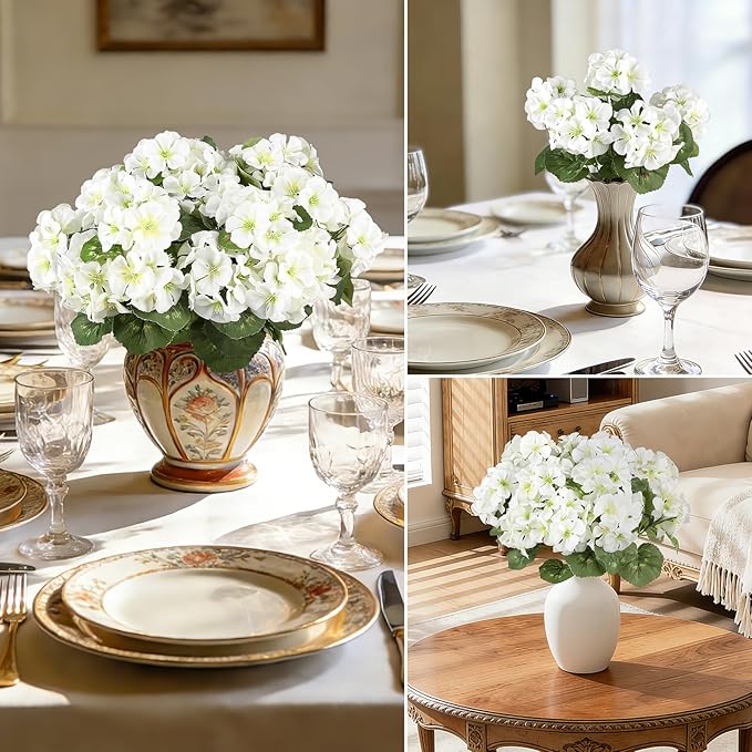 6 Bundles White Artificial Geranium Flowers for Outdoors Spring Decor Geraniums Silk Flowers UV Resistant Lifelike Faux Flowers for Spring Indoor Outdoor Garden Patio Porch Balcony Home Decoration