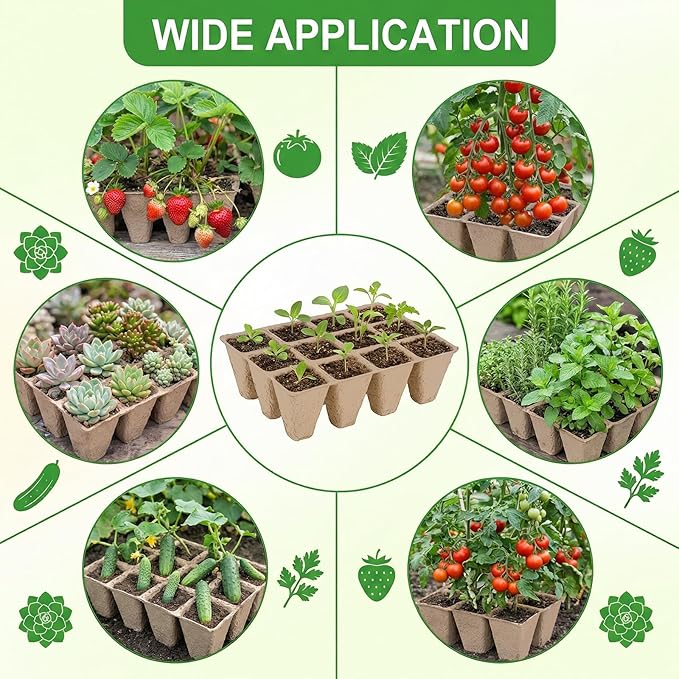 Prudiut 144 Cells Seed Starter Tray, 12 Pack Biodegradable Peat Pots, Plant Starter Kit for Seedlings with 50 Labels & Transplanting Tools, Germination Cups for Vegetables, Flowers, Herbs