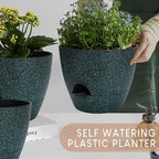 YNNICO Plant Pots 10/9/8/7.5/7 inch, Self Watering Planters with Drainage Holes & Saucers for Indoor and Outdoor Plants (Green Speckles)