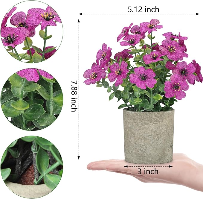 2 Pack Small Fake Plants Potted Artificial Plants Artificial Flowers Potted Faux Flower Daisy with Eucalyptus Leaves for Home Decor Office Room Farmhouse Indoor Table Bathroom Decor（Purple）