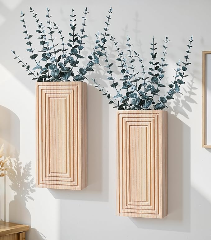 Wooden Wall Planter Vase, 2 Pack Natural Wood Hanging Vases with Fake Eucalyptus for Indoor Modern Boho Farmhouse Wall Art Decor for Home Indoor Kitchen Modern Farmhouse Bathroom