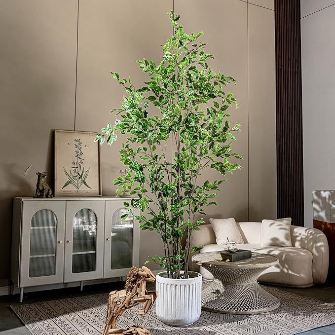 Bailikang Artificial Ficus Tree Indoor 8ft, Large Potted Faux Tree with Realistic Silk Leaves & Trunk for Home Office, Living Room Corner Decor