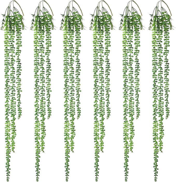 6pcs Artificial Succulents Hanging Plants, Fake Hanging Plant String of Pearls Plant, Faux Greenery Plants Draping Greenery Stems for Spring Indoor, Outdoor, Wall, Home, Backdrop, Garden