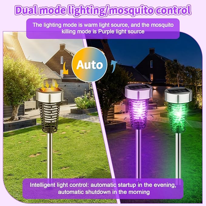 Qualirey 12 Pack Solar Bug Zapper Outdoor Waterproof Mosquito Repellent Killer Bug Zapper Lamp with LED Light for Outdoor Garden Patio Yard (Purple and Colorful Light,Silver)
