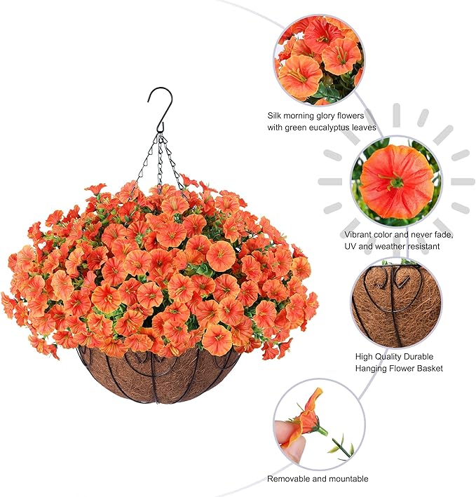 Artificial Faux Hanging Flowers Plants Basket for Outdoors, 12 Bundles UV Resistant Faux Outside Silk Morning Glory for Planter Realistic Artificial Flowers for Outdoor Porch Garden Patio, Orange