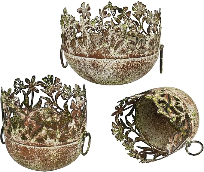 3 Piece Vintage Metal Planter Set, Rustic Distressed Farmhouse Flower Pots with Handles for Indoor Outdoor Garden, Tabletop Centerpieces & Wedding Decor