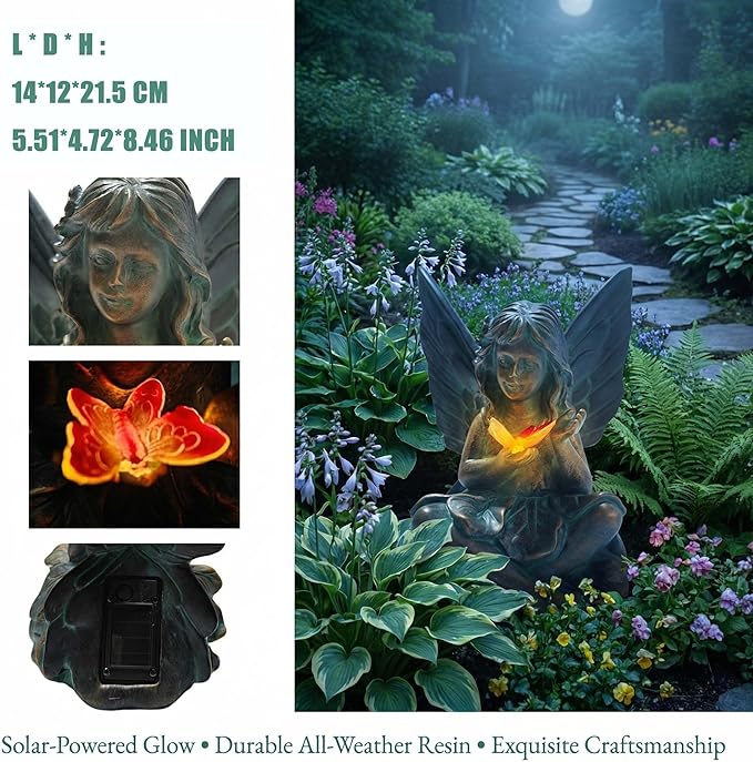 Oinas Solar Fairy Garden Statue Decor - Resin Fairy Figurines with Butterfly Light, 8.5 in Angel Fairy Outdoor Decor, Birthdays, Valentine's Day Garden Sculpture Gifts for Women