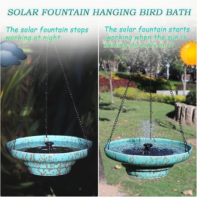 Solar Fountain Ceramic Hanging Bird Bath,Bird Bath for Outside,Outdoor Fountain Bird Bath,Garden and Home Decor