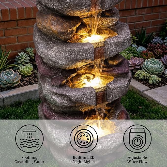 Solarbloom 38.9" H Large Outdoor Fountain, 5-Tier Cascading Rock Waterfall Fountain with LED Lights, Freestanding Water Feature for Garden Patio Backyard Porch Decor