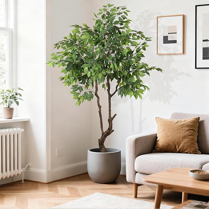 Artificial Ficus Tree 6ft(72in) Faux Floor Potted Tree for Indoor Decor Large Realistic Trees Plants with Silk Leaves and Natural Wood Trunk for Home Living Room,Office Foyer Decor.