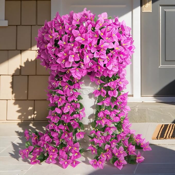 ATTGREAT Artificial Bougainvillea for Outdoors Faux Plants UV Resistant Flowers Fake Plastic Plants Realistic Silk Flowers for Porch Planter Garden Outside Hanging Decoration, 2Pcs (Purple Red)