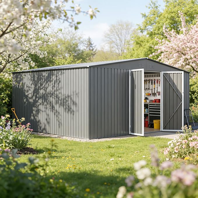 14 x 12FT Sheds & Outdoor Storage,Grey Metal Waterproof Storage Shed with Door and Lock Outdoor Shed,All-Weather Shelter for Bike, Gardening Tools, Lawn Mowers