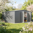 14 x 12FT Sheds & Outdoor Storage,Grey Metal Waterproof Storage Shed with Door and Lock Outdoor Shed,All-Weather Shelter for Bike, Gardening Tools, Lawn Mowers
