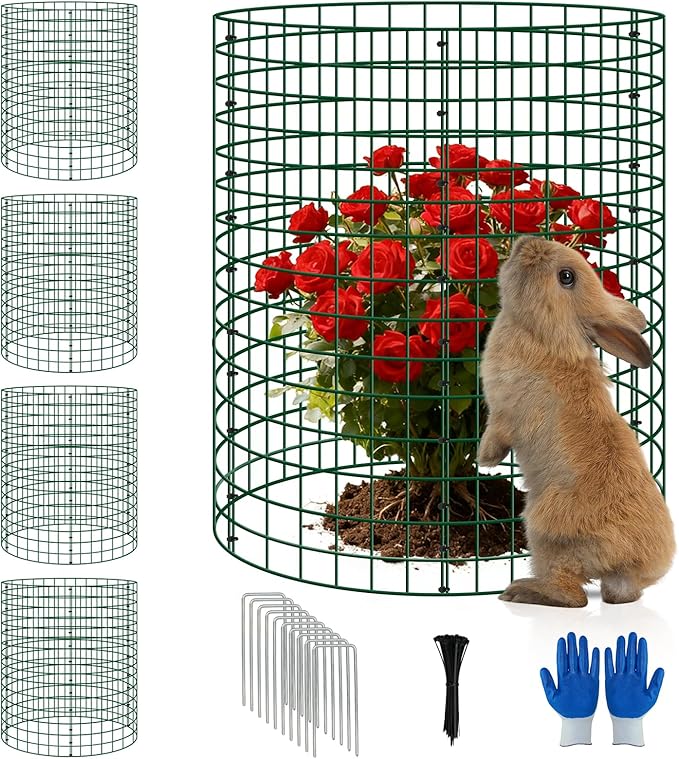 4 Pack Plant Protectors from Animals, 12''x16'' Metal Plant Cages for Outdoor Plants, Garden Plant Protector with Stakes & Zip Ties, Keep Rabbits Squirrels Out, Plant Cage for Flowers Vegetables
