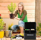 Seed Storage Organizer, T-Shape Compartment Seed Box with Safety Lock, Metal Seed Saving Box, Portable Seed Bin Container with Handle, Including 2 Pens 20 Plant Labels 50 Seed Envelopes-Black