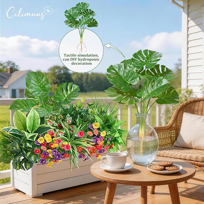 Artificial Plants Outdoor,18PCS UV Resistant Fake Greenery&Flowers with Stems Faux Plant Outside for Front Proch Garden Patio Planters Window Boxes Home Decor(Not Included Planter)