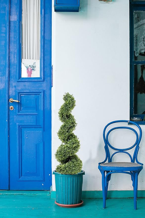 35 Inch Artificial Boxwood Topiary Tree Spiral Plants Fake Faux Plant Decor in Plastic Pot Green Indoor or Outdoor, Set of 2