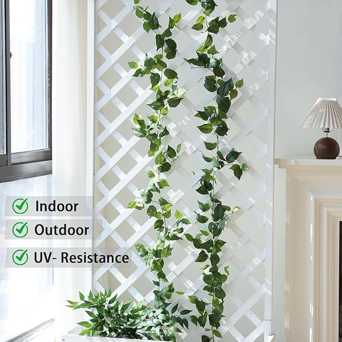 Mizii 2 Strands Artificial Scindaps Vines Garland 73" Fake Vine with Silk Green Leaves Faux Evergreen Hanging Plants Greenery Decoration for Party Wedding Bedroom Home Wall Room Decor (Scindapsus)