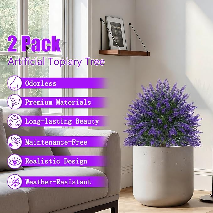 Yangrass Artificial Lavender Topiary Bushes with Ground Spike, 24" Set of 2 Faux Lavender Boxwood Ball Trees UV Resistant Fake Greenery Plants for Indoor & Outdoor Spring Porch Decor