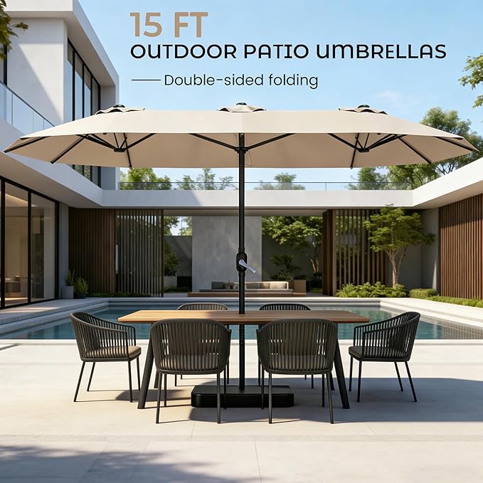 DomeShade 15ft Patio Umbrella with Base,Large Outdoor Double-Sided Rectangle Umbrella with Crank Handle, Market Umbrella for Poolside Garden Deck Backyard Beach Pools, Beige