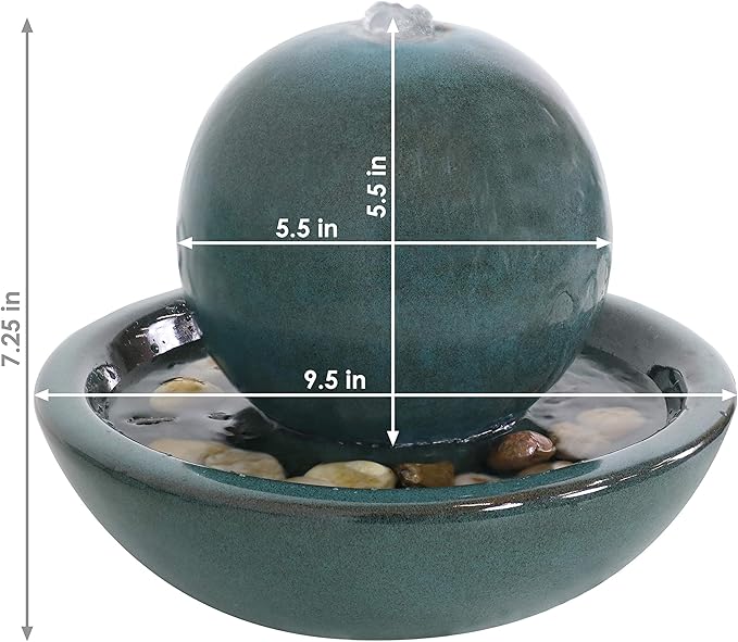 Sunnydaze Tabletop Ceramic Tabletop Fountain with Orb - Relaxing Indoor Fountain for Meditation - for Office, Bedroom, or Living Room - Teal - Set of 4