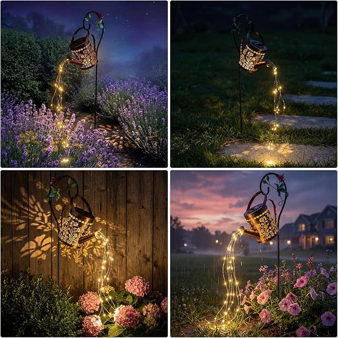 MEBRUDY Solar Garden Decor Lights, IP44 Waterproof Metal Hummingbird Solar Watering_Can Lights Outdoor Decor for Yard Pathway Patio Lawn, Gifts for Women Mom Grandma Birthday