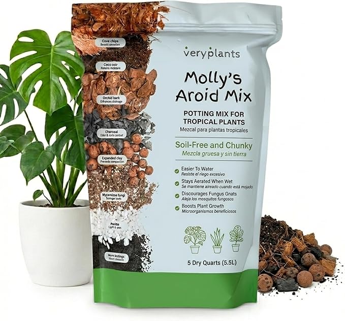 Molly's Aroid Mix - Premium Soilless Potting Mix for Houseplants - Fast Draining, Chunky & Easier to Water vs. Soil for Indoor Plants - with Bark, Coco Chips, Worm Castings, Mycorrhizae 5 Dry Quarts