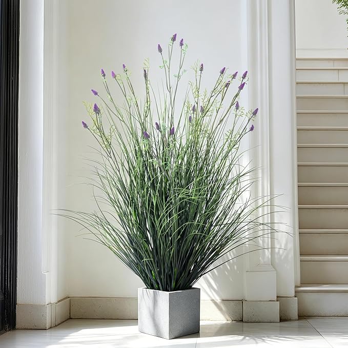 2 pack fake lavender faux plastic plantas synthetic pampas grass indoor outdoor realistic floor plants Lifelike Artificial Tall Grass Plant for home Office Wedding patio decor Housewarming Gift