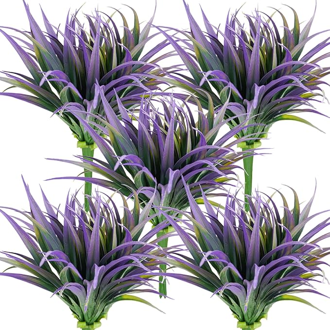 32 Pcs Artificial Grass Fake Plants 17.3in Outdoor Plants UV Resistant Faux Greenery Stems Fake Grass for Home Window Garden Office Patio Pathway Front Porch Halloween Décor Green & Purple